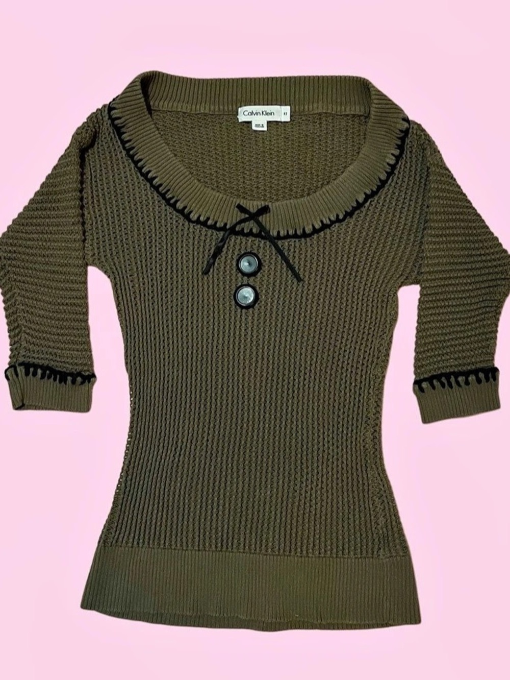 Calvin Klein Ribbed Knit Tie Neck Sweater in Green